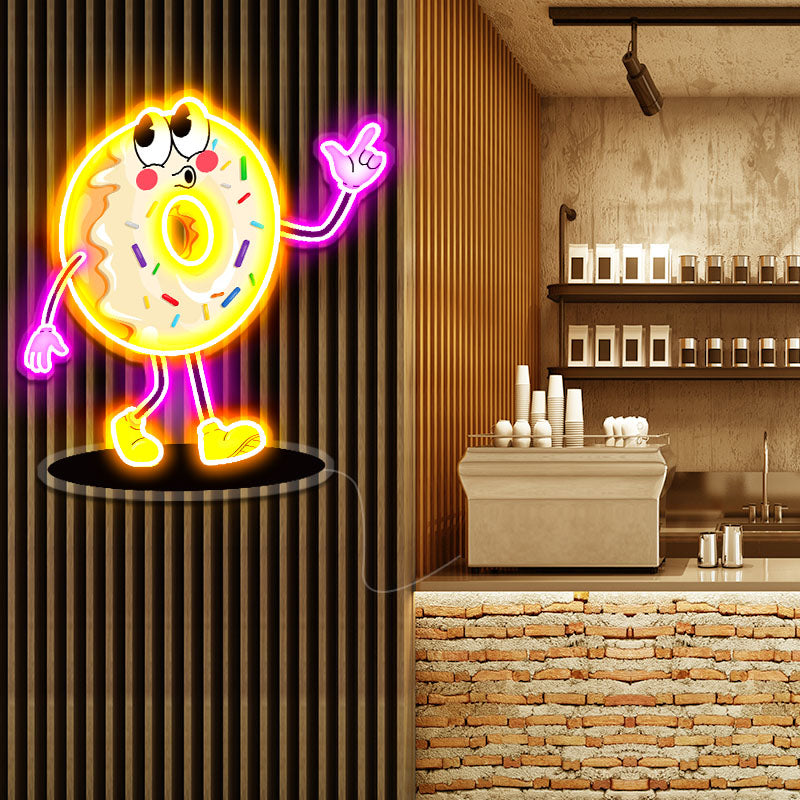 Donut cartoon character neon sings
